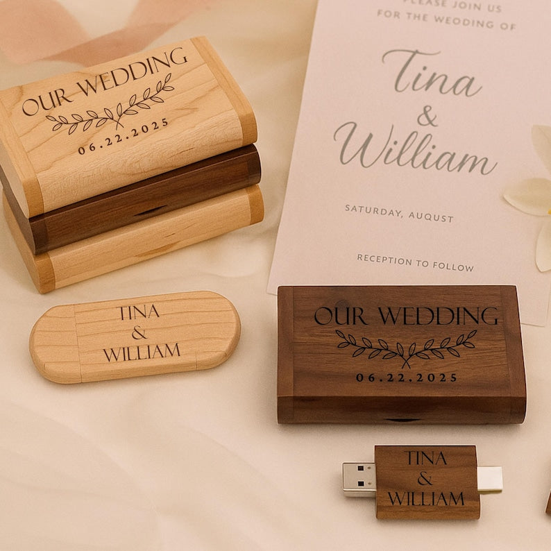 Engraved Wooden Dual USB C&A Flash Drive with Box: Personalized Wedding Photographer Gift