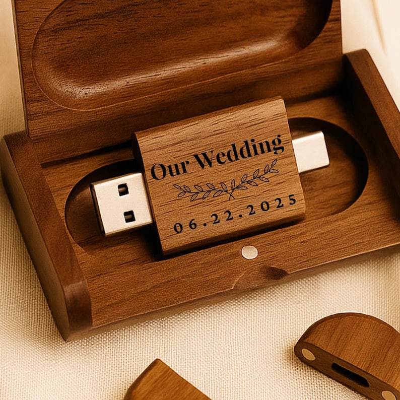 Engraved Wooden Dual USB C&A Flash Drive with Box: Personalized Wedding Photographer Gift