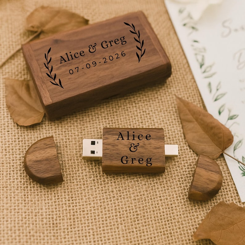 Engraved Wooden Dual USB C&A Flash Drive with Box: Personalized Wedding Photographer Gift