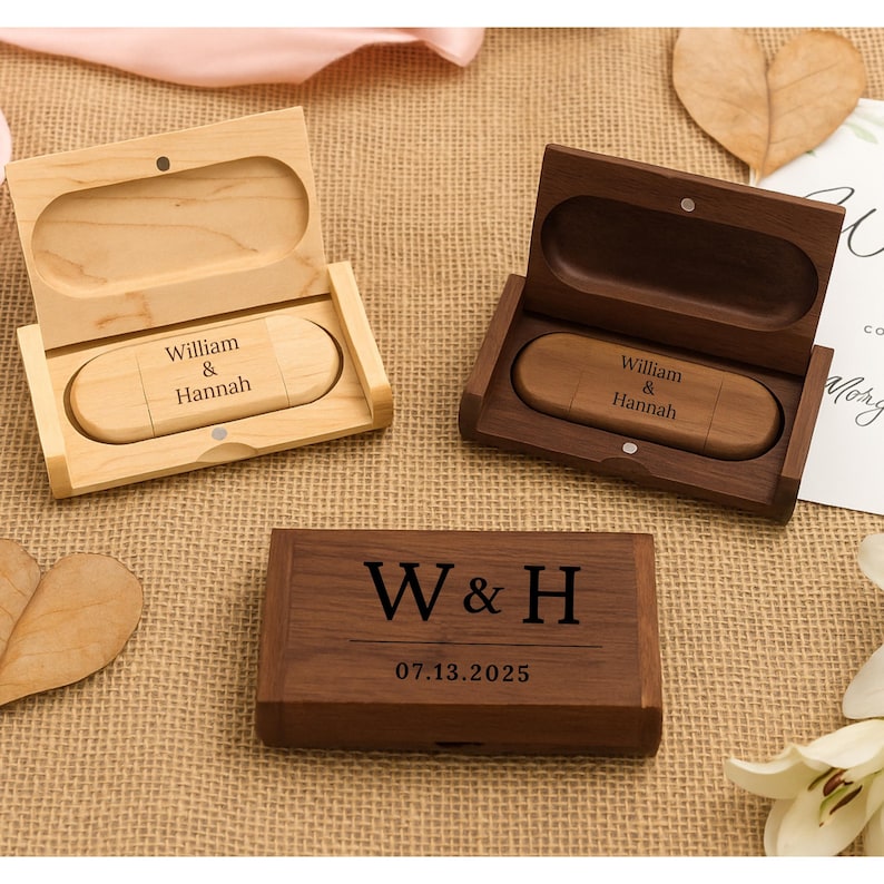 Engraved Wooden Dual USB C&A Flash Drive with Box: Personalized Wedding Photographer Gift