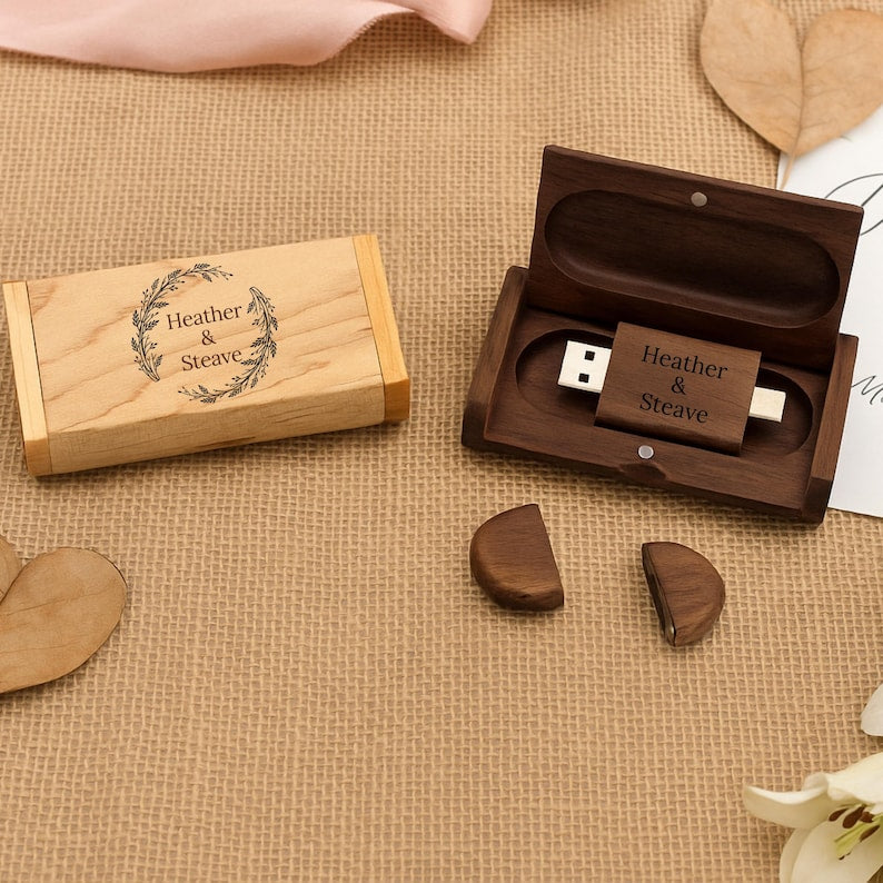 Engraved Wooden Dual USB C&A Flash Drive with Box: Personalized Wedding Photographer Gift