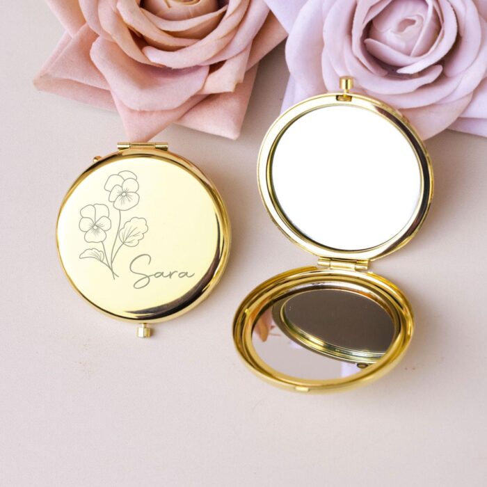 Personalized Birth Month Flower Compact Mirror Custom Stainless Steel Pocket Mirror, Bridesmaids Favors Bridal Shower Guests Christmas Gift