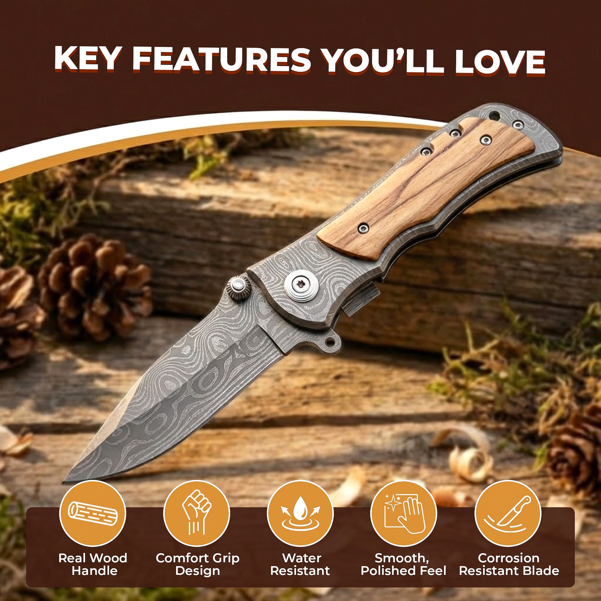 Personalized Engraved Burl Wood Pocket Knife with Optional Gift Box