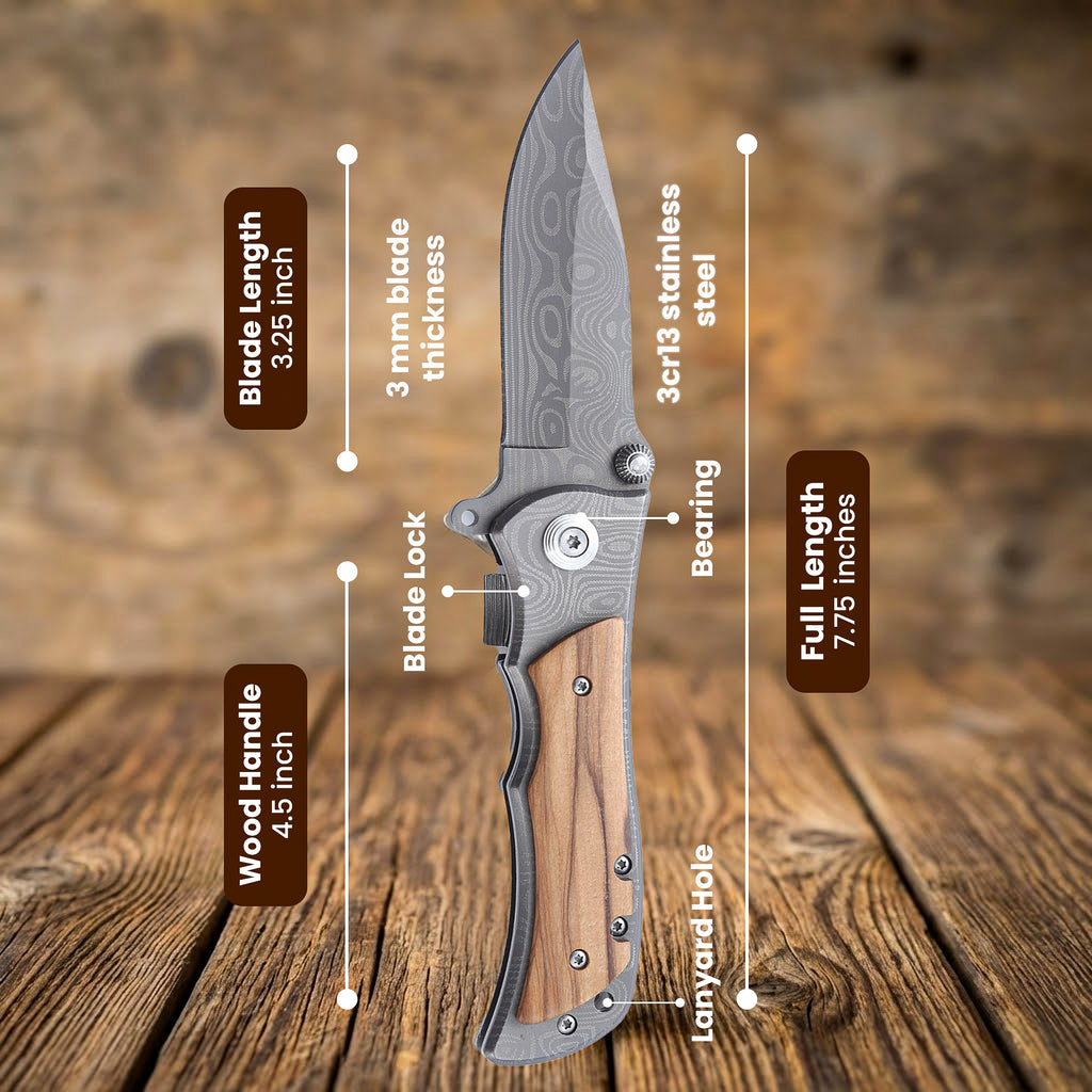 Personalized Engraved Burl Wood Pocket Knife with Optional Gift Box